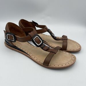Cole Haan women Sandal Capri T-Strap Flat Brown Black Leather Buckle 8.5